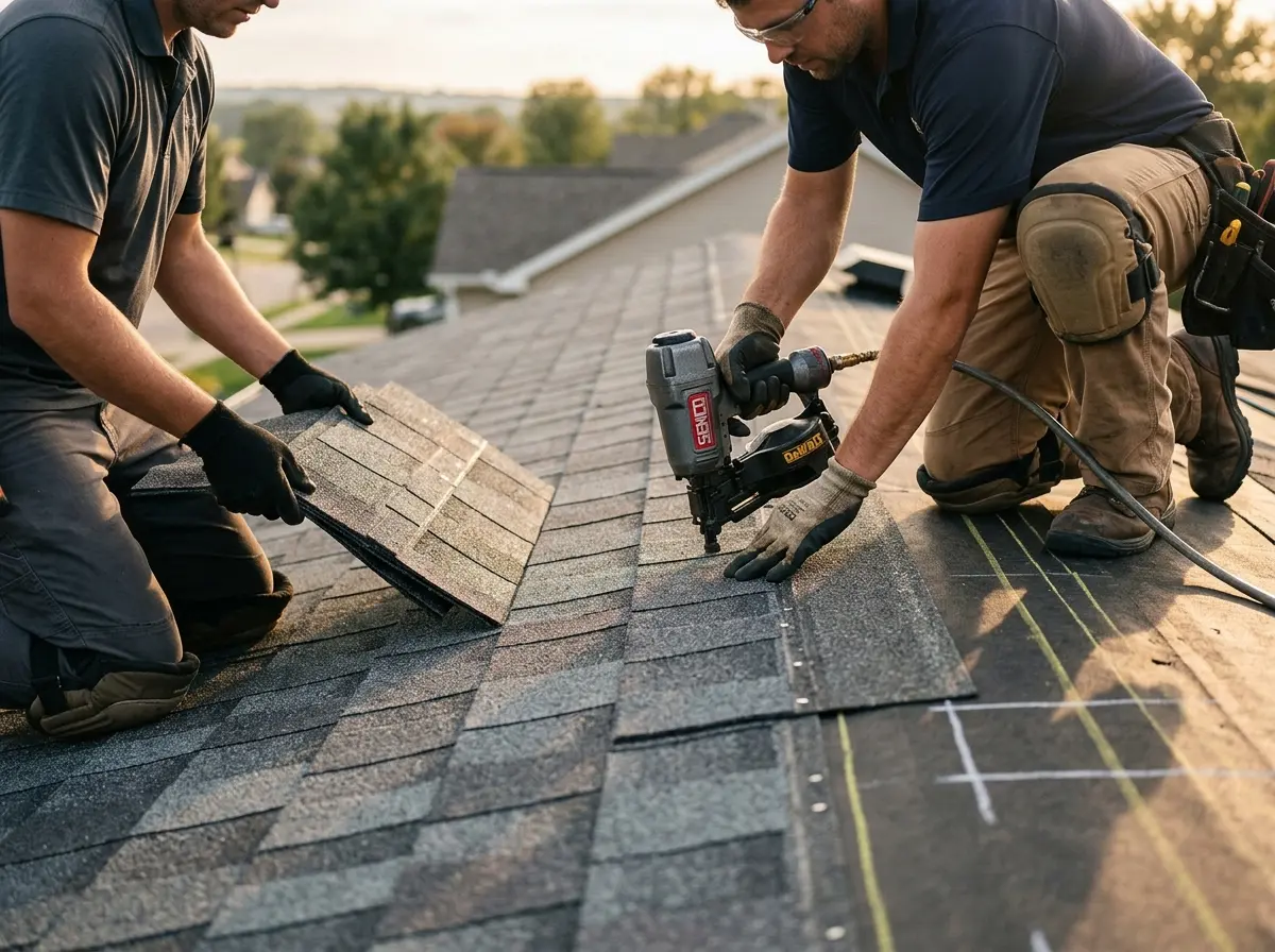 Professional roofer working on a residential roof in Niskayuna